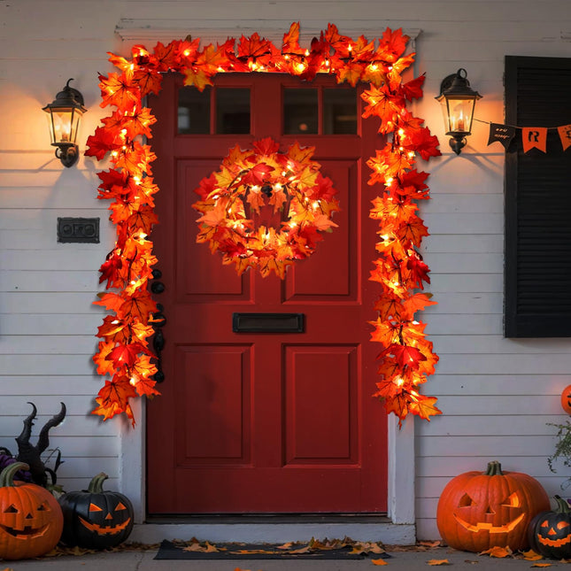 Fall Decorations Lighted Fall Garland, 9FT 50 Count Incandescent Lights Brown Wire UL Certified Connectable Maple Leaves String Lights for Home Party Fireplace Mantle Thanksgiving Decor (Orange, 9FT)