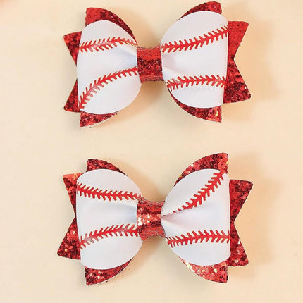 2PCS Baseball Hair Bows with Red Glitter White and Red Leather Sports Theme Hair Accessories Assorted Hair Accessories Alligator Clip for Little Girls Toddler Kids Teens
