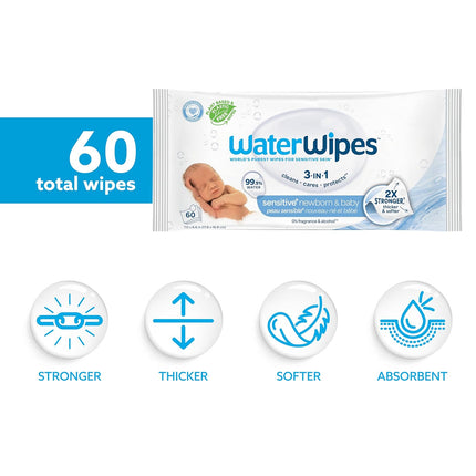 WaterWipes Sensitive+ Newborn & Baby Wipes, 3-In-1 Cleans, Cares, Protects, 99.9% Water, Unscented & Hypoallergenic, 60 Count