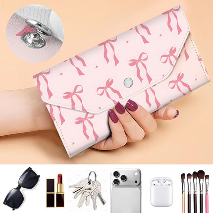 Cash Envelope Wallet, Reusable Budget Money Wallet, Cute PU Leather Money Saving Wallet with 4 Dividers & 1 Sheets Category Stickers Pink Ribbon Bows