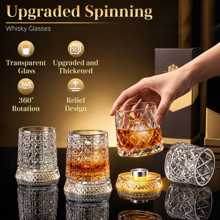 Spinning Whiskey Glasses Set of 4,10oz Rotating Whiskey Glass,Whiskey Gift