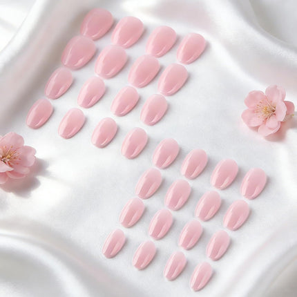 Light Pink Press On Nails Short Almond Fake Nails Solid Color Glossy Full Cover Stick On Nail for Women Manicure 32Pcs