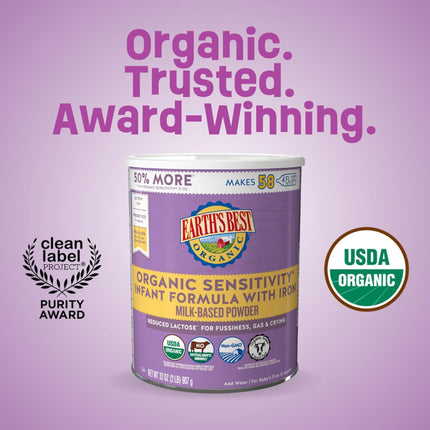Earth's Best Organic Sensitivity Infant Formula for Babies 0-12 Months, Reduced Lactose Powder Formula with Iron, Omega-3 DHA, and Omega-6 ARA, 32 Ounce Value Container