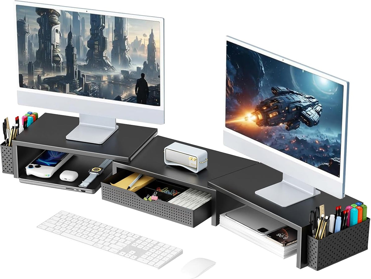 Dual Monitor Stand Riser Desk Organizer in Black
