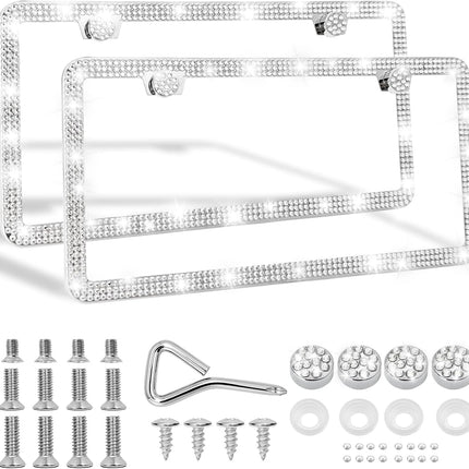 Bling License Plate Frames, 2 Pack Premium Stainless Steel Rhinestone License Plate Holder for Women, Obstruction-Free Sparkly Car Tag Cover with Glitter Crystal Caps (White)