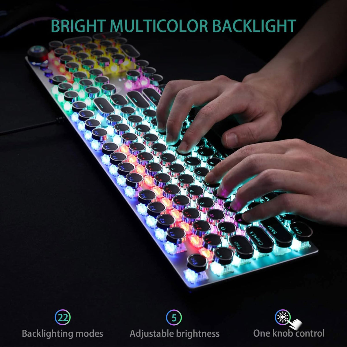 Typewriter Style Mechanical Gaming Keyboard Wired,Blue Switches,Rainbow LED Backlit,Removable Wrist - photo 2