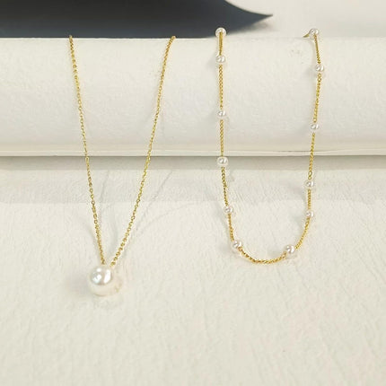 Partm Pearl Necklace for Women Trendy 14K Gold Plated Dainty Pearl Pendant Choker Set Handmade Pearl Gold Necklace Non Tarnish Simple Cute Jewelry Gifts for Women