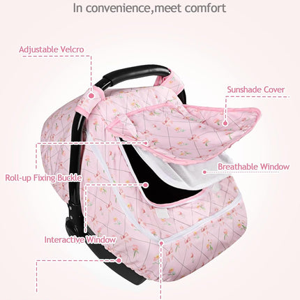 Car Seat Cover Baby Girls, Infant Carseat Covers with Mesh, Dual-Layer Protection for Summer Winter, Easy Access Newborn Canopy Breathable, Windproof & Fit Baby Stroller, Flower Bow