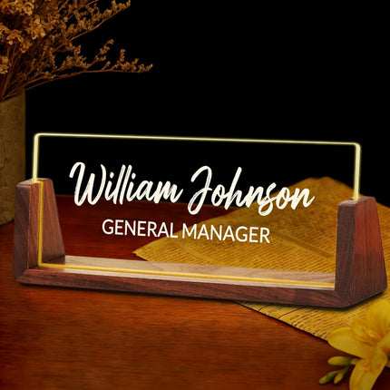 Ship Next Day Custom Name Plate for Desk, Personalized Acrylic Desk Name Plate with LED Walnut Frame, Office Desk Accessories, Appreciation Gifts for Boss Employee Coworker Teacher Women Men (Classic)