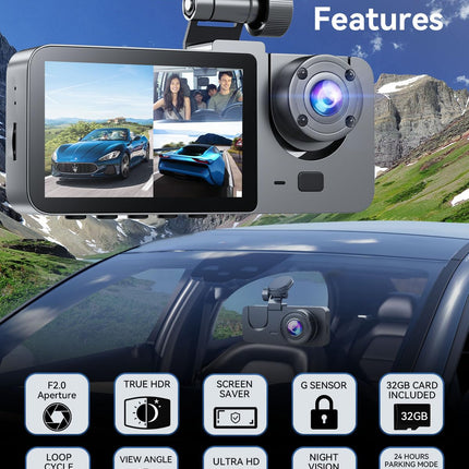 Cámara para auto frontal, trasera e interior de 3 canales, cámara de tablero 4K Full HD para autos
