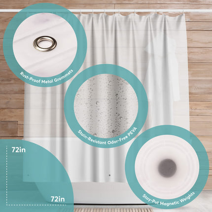Clear Shower Curtain - 72x72 Odorless Plastic with Magnets, Washable Long Bathroom Curtain - PEVA Waterproof Bath Curtain, Rust-Proof Bathroom Essentials