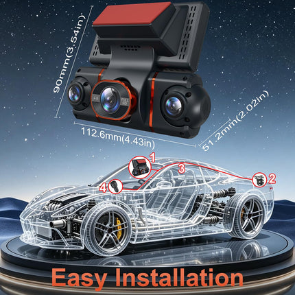 4K+1080P*3 FHD Dash Cam Front and Rear, 360° Car Camera, 5.8GHz WiFi 20MB/s