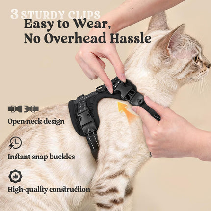 rabbitgoo Cat Harness and Leash, Escape Proof Vest with 3 Adjustable Buckles, Soft Comfortable Kitten Harness, Easy to Wear, Reflective for Safe Outdoor Walking, Small, Black