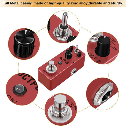 VSN Octave Guitar Pedal, Digital Mini Pedal For Electric Guitar, Precise Polyphonic Octave Effects Generator, True Bypass, Mini Size