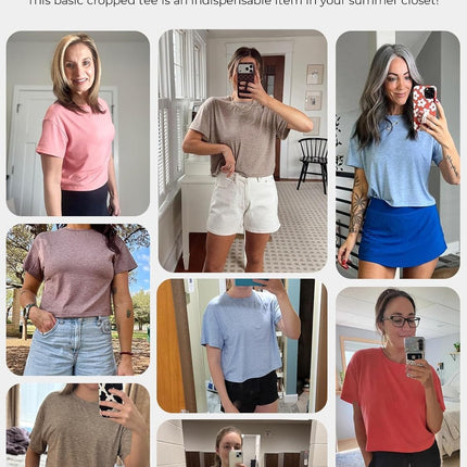 Camisetas cortas de manga corta para mujer, cuello redondo, top básico de verano