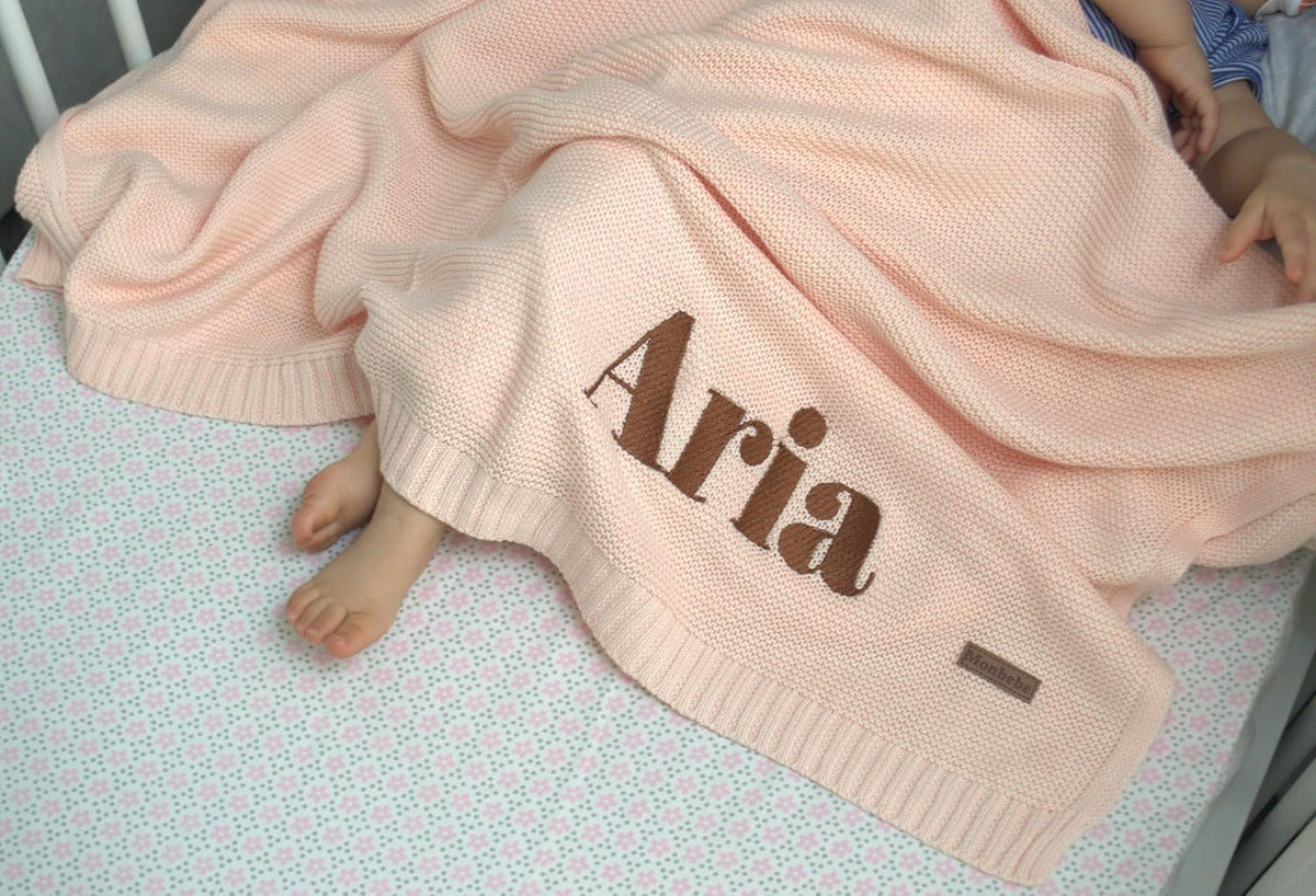 Personalized Baby Blanket with Name - Light Pink Cotton Knit Swaddle - photo 3