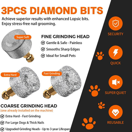 Whisper Quiet Dog Nail Grinder with 4 LED Lights, Safe & Stress-Free for Sensitive Dogs Cats of All Breeds & Sizes, 3 Grinding Bits, 3-Speed, Pet Nail Trimmers, Rechargeable Painless Grooming Kit