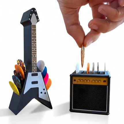 Guitar Picks Holder Box, Pick Display Holder, Amp Speaker Styled Pick Holder and V-Shaped Guitar Pick Holder, Pick Storage Box Set for Guitar Players and Music Enthusiasts