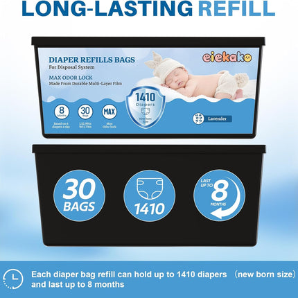 Diaper Refill Bag 7-Layer Odor Control Extra Thick for Genie Easy Roll & Platinum Pail, 3-Pack (90 Bags), Holds Up to 4200 Newborn Diapers