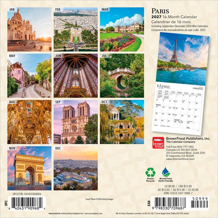 Paris | 2027 7 x 14 Inch (Hanging) Monthly Mini Wall Calendar | English/French Bilingual | BrownTrout | Scenic Travel Europe France (English and French Edition)
