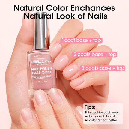 GELLEN Clear Nail Polish Base Top Coat, Quick Air Dry No Wipe Shine Top Coat & Sheer Natural Pink Tinted Base Coat | Non-gel Regular Nail Polish Strengthen Nails with Calcium, Toxin TPO HEMA Free