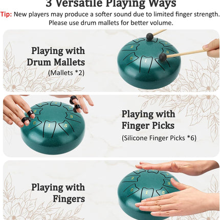 Steel Tongue Drum 6 Inch 8 Notes, Rain Drum for Outdoor Garden, Easy-Play Percussion Instrument, Unique Gift for Music Lovers, with Mallets, Carry Bag & Music Book, Green