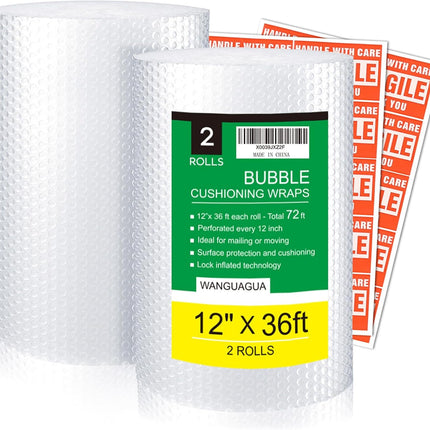 wanguagua 2 Pack 12 Inch x 72 ft Total Bubble Packing Wrap for Moving Boxes Shipping Cushioning Supplies Perforated Every 12”