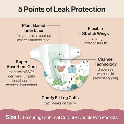 The Honest Company Clean Conscious Diapers for Sensitive Skin, Up to 100% Leakproof, Hypoallergenic, Fragrance Free, Turtle Time, Polybag, Size 1 (8-14 lbs), 35 Count