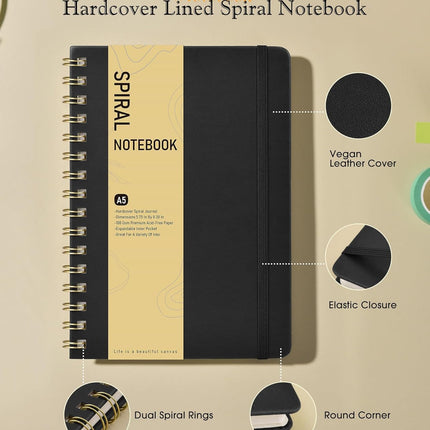 Dotted Spiral Journal Notebook, A5 Hardcover Spiral Journals for Women Men, 100 GSM Dot Grid Paper Notebooks, 150 Pages Spiral Bullet Dotted Notebook for Writing Note Taking 5.75" x 8.38" Black