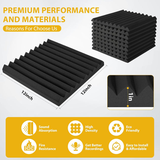 Acoustic Foam Panels Sound Absorbing 12 Pack - 1 x 12 x 12 in Black Wedge Panels