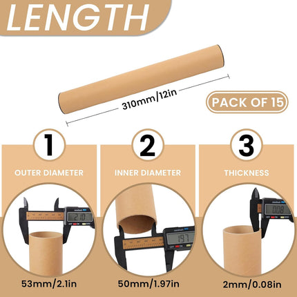15PCS Kraft Shipping Tubes With Caps, 2x12 Inch Cardboard Poster Tubes for Shipping and Storage of Documents and Art