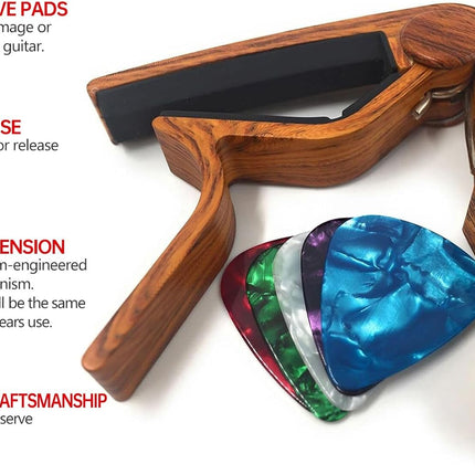 Guitar Capo for Acoustic and Electric Guitars - Rosewood Color with 5 Picks