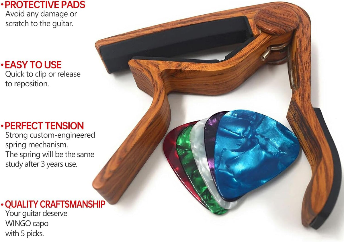Guitar Capo for Acoustic and Electric Guitars - Rosewood Color with 5 Picks - photo 3