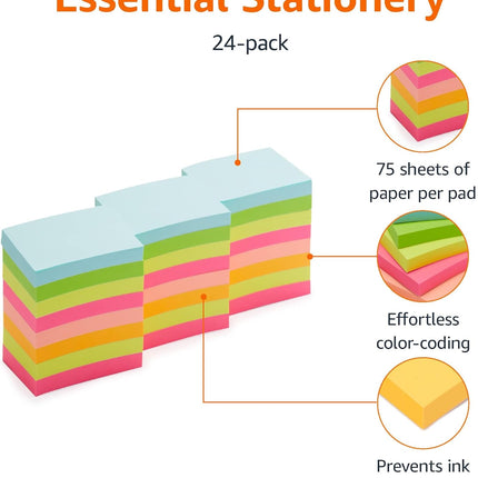 Amazon Basics Mini Rectangular Sticky Notes, 1.5x2 Inches, Bright Colors Self-Stick Pads, Easy to Post for Home, Office, Notebook, 70 sheets/Pad, Pack of 24
