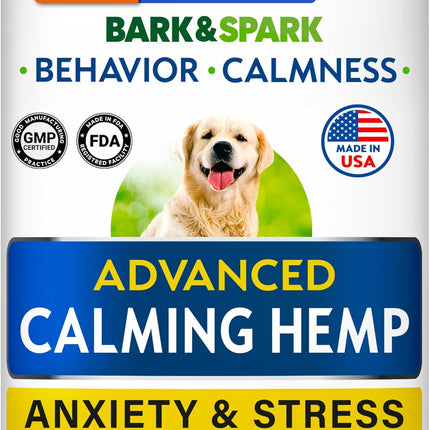 BARK&SPARK Advanced Calming Hemp Treats for Dogs - Hemp Oil + Melatonin - Anxiety &Stress - Separation Aid - Relief During Fireworks, Storms - Aggressive Behavior, Barking - 90Chews