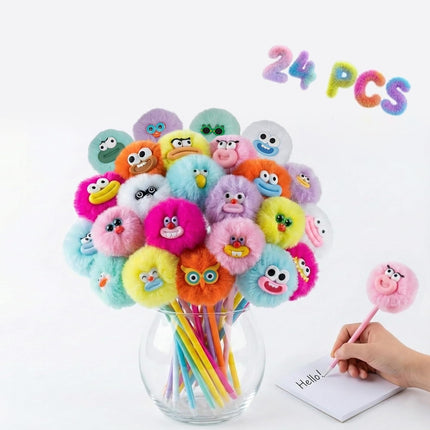OMyFav 24 PCs Pom Pom Pens — Fluffy Fuzzy Plush Pens Cute Kawaii Novelty Fun Pen for Kids Adults Novelty School Stationery Set Classroom Prizes Party Favors for Girls and Boys Office Supplies Gifts