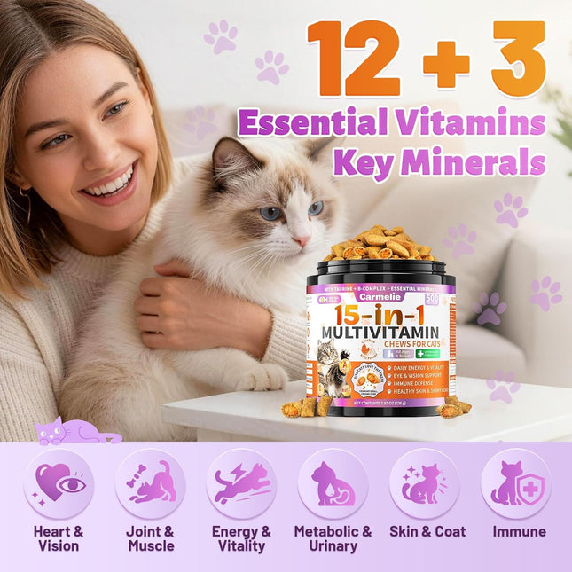 Taurine for Cats Vitamins Treats, 15 in 1 Cat Multivitamin Support Joint, Skin Coat, Digestion, Immunity - photo 2