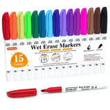 Wet Erase Markers, 15 Colors 1mm Fine Tip Smudge-Free Markers, Use on Laminated Calendars,Overhead Projectors,Schedules,Whiteboards,Transparencies,Glass,Wipe with Water