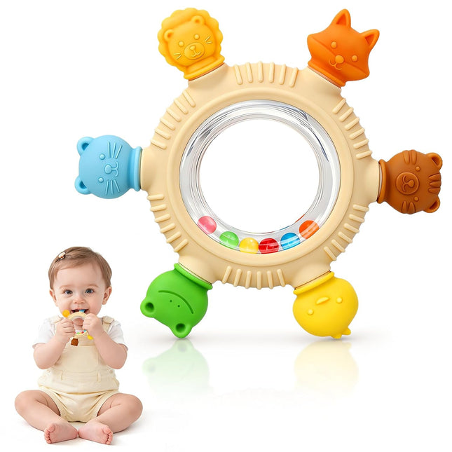 Teething Ring Toys 3-6 Months, BPA-Free Silicone Infant Rattle Teethers