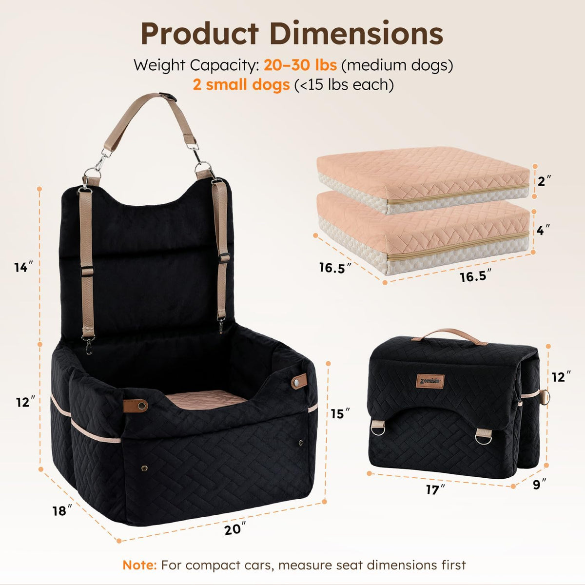 Elevated Dog Car Seat for Medium Dogs, 3 Adjustable Heights with 2 Egg Crate Foam Boosters 4"+2" - photo 2