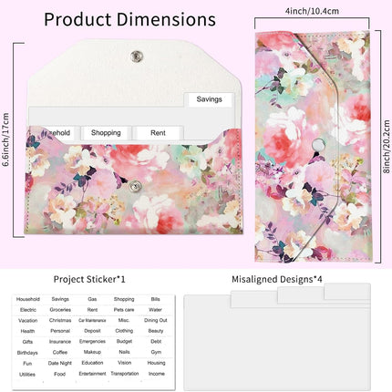 PU Leather Cash Envelopes Wallet, Reusable Money Savin Wallet, Cute Budget Envelope with 4 Dividers & 1 Sheets Budget Labels Watercolor Pastel Flowers