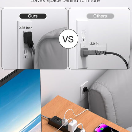 2 Pack Surge Protector Power Strip, Slim Flat Plug, Braided Extension Cord, 5-Foot, 900 Joules, 6 Outlets 4 USB Ports, Wall Mount for Home Office Dorm