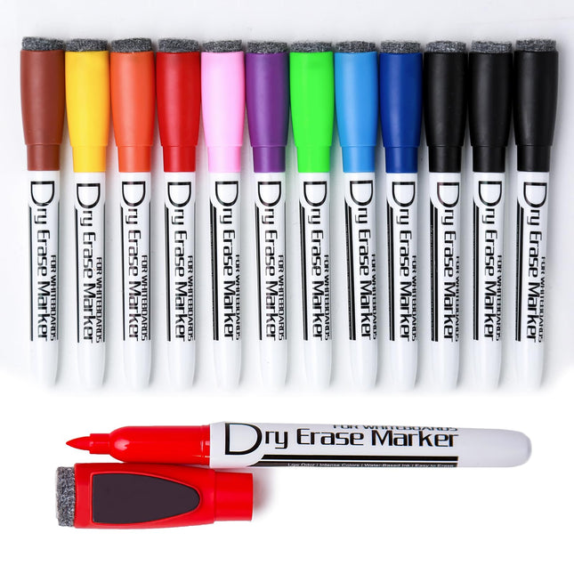 Magnetic Dry Erase Markers, 1mm Fine Tip, 10 Colors, 12 Pack