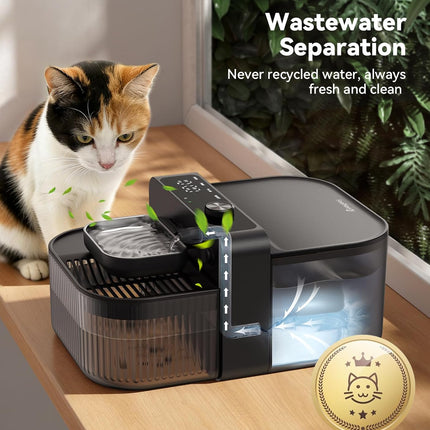 FEELNEEDY Wireless No Filters Cat Water Fountain, Wastewater Separation, Stainless Steel Bowl, 3000mAh 3.5L Pet Water Fountain for Indoor Cats & Dogs Dispenser, Black