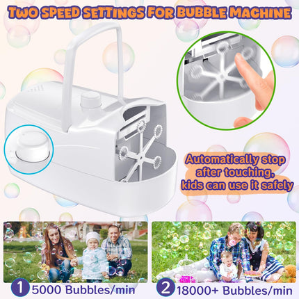 Bubble Machine, Automatic 18000+ Per Minute Big Bubbles Blower Maker for Kids Toddlers with 2 Speeds,6 Wands,Operated by Plugin or Batteries for Outdoor/Indoor Birthday Parties,Wedding (White)