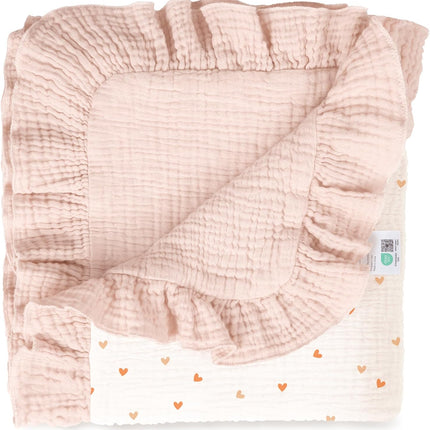 lulumoon Muslin Ruffle Baby Blanket - Soft Breathable 100% Cotton Newborn Wrap for Stroller Travel & Car Seat - Ideal for Photography & Nursery Decoration 40"x36"(Pink Heart)
