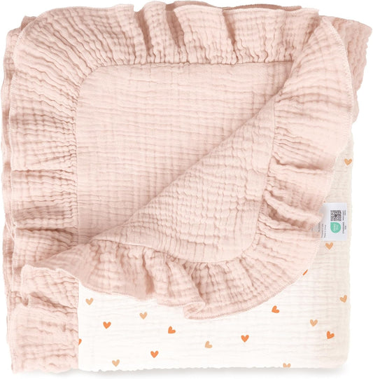 Muslin Ruffle Baby Blanket - Soft Breathable 100% Cotton Newborn Wrap, 40" x 36", Pink Heart