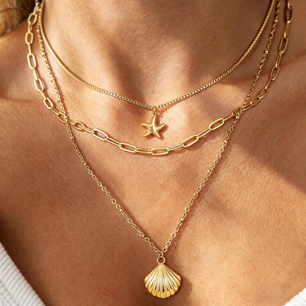 Shell Necklace for Women, 14k Gold Layered Starfish SeaShell Pendant Charm Necklace Dainty Non Tarnish Waterproof Adjustable Silver Choker Paperclip Necklaces Stack Jewelry for Summer Beach Vacation