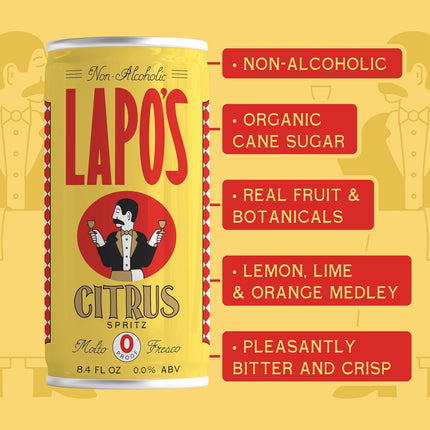 Lapo's Citrus Spritz, Non Alcoholic Canned Cocktail, Mocktail for Party, Non-Alcoholic Spirits, Zero Proof Orange Bitters, Mocktails and Alternative Drinks, Ready to Drink Cans, Gluten Free, 12 Pack
