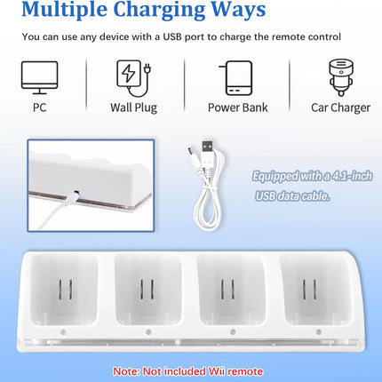4-in-1 Wii Remote Charging Station with 4X 2800mAh Rechargeable Batteries & USB Charging Cord, LED Indicator Charging Dock for Wii/Wii U Controllers (Remotes Not Included)